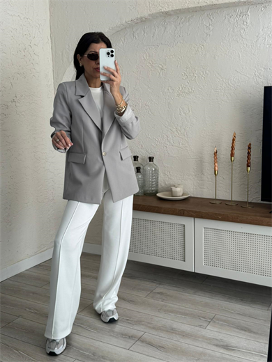 Ön Düğmeli Klasik Blazer Ceket  Açık Gri