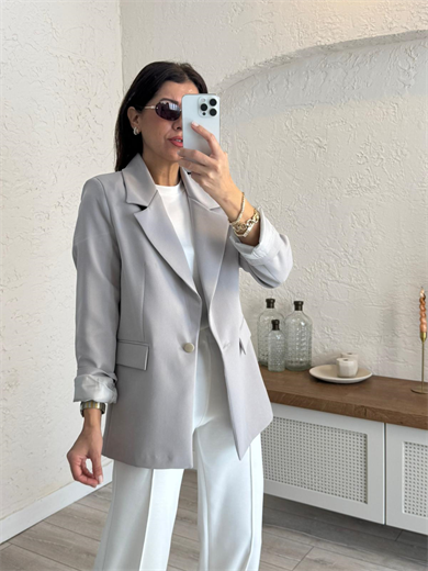 Ön Düğmeli Klasik Blazer Ceket  Açık Gri
