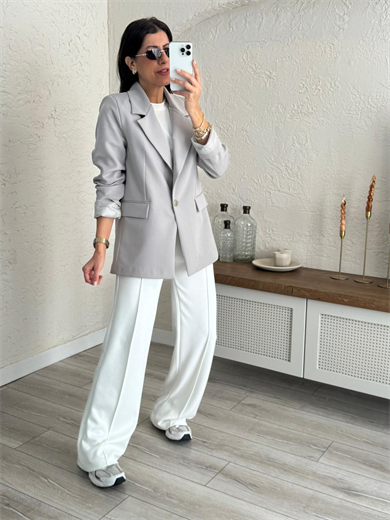 Ön Düğmeli Klasik Blazer Ceket  Açık Gri