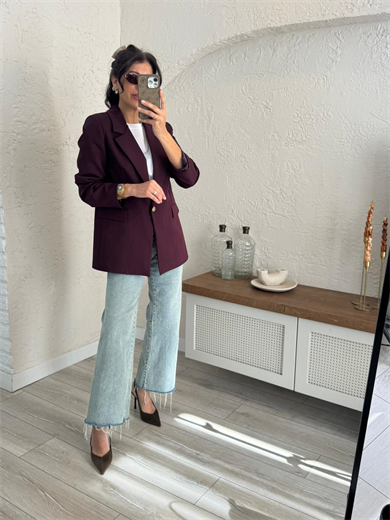 Ön Düğmeli Klasik Blazer Ceket  Bordo