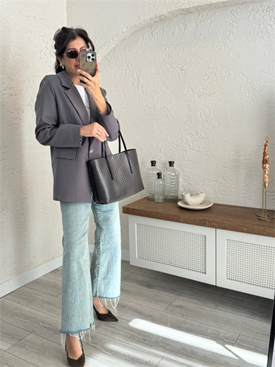 Ön Düğmeli Klasik Blazer Ceket  Gri