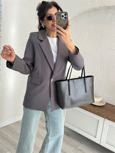 Ön Düğmeli Klasik Blazer Ceket  Gri