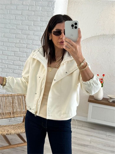 Ön Fermuarlı Çıtçıtlı Alt Lastik Detaylı Trenç Ekru