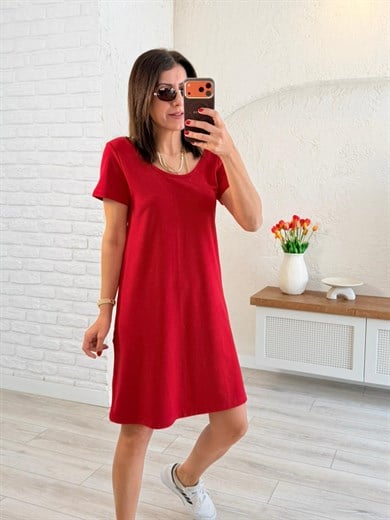 Ön U Arka V Yaka Modal Elbise Kırmızı
