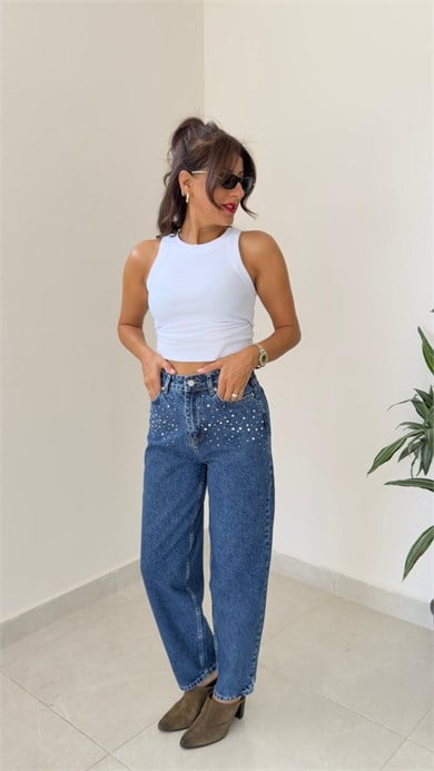 Ön Ve Arka Cep Taşlı Balon Jean Koyu Mavi
