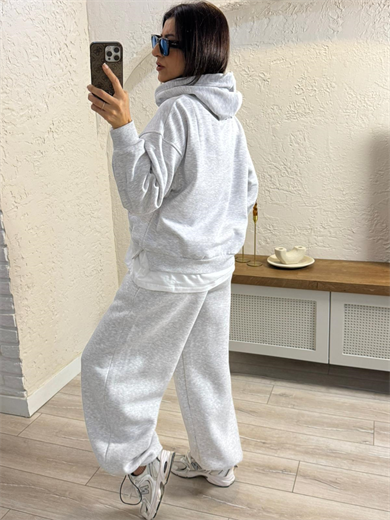 Ön Yazılı İç Şardonlu Kapüşonlu Tişört Detaylı Sweat Gri