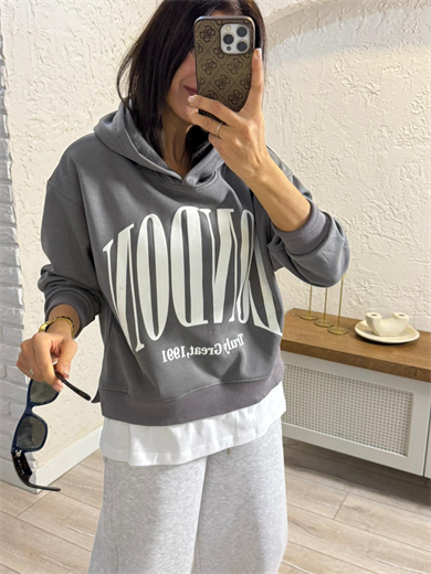 Ön Yazılı İç Şardonlu Kapüşonlu Tişört Detaylı Sweat Füme