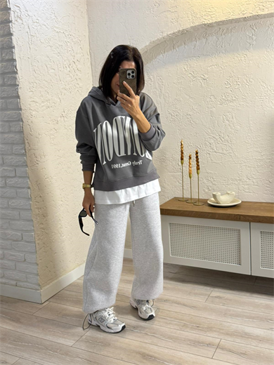 Ön Yazılı İç Şardonlu Kapüşonlu Tişört Detaylı Sweat Füme