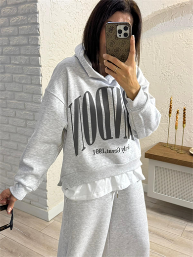 Ön Yazılı İç Şardonlu Kapüşonlu Tişört Detaylı Sweat Gri