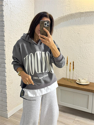 Ön Yazılı İç Şardonlu Kapüşonlu Tişört Detaylı Sweat Füme