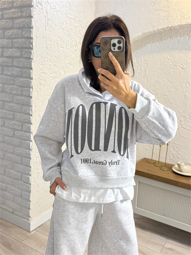 Ön Yazılı İç Şardonlu Kapüşonlu Tişört Detaylı Sweat Gri