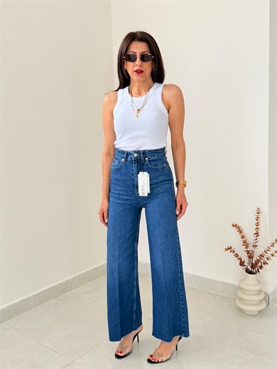 Önden Ütülü Paça Kesik Wide Leg Jean Koyu Mavi 