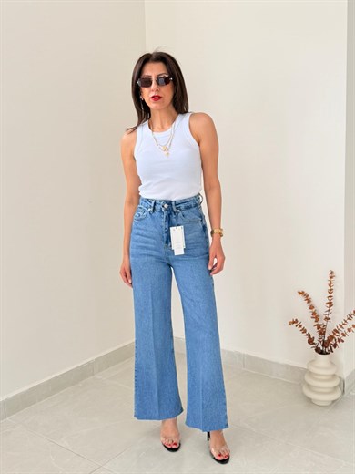 Önden Ütülü Paça Kesik Wide Leg Jean Mavi
