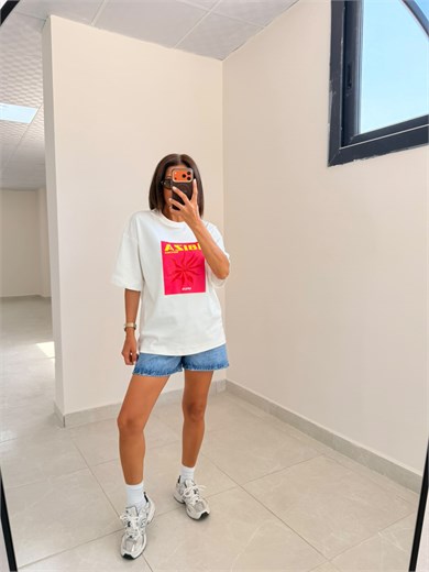 Oversıze İbiza Baskı Tişört Ekru