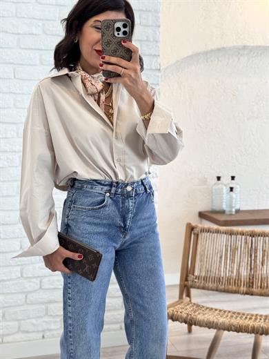 Oversıze Poplin Gömlek Taş