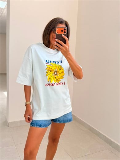 Oversıze Verao Baskı Tişört Ekru