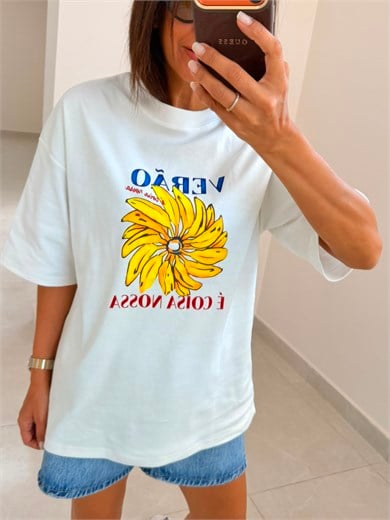 Oversıze Verao Baskı Tişört Ekru