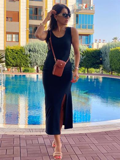 Özel Seri Kalın Askı Ottoman Kumaş Likralı Elbise Siyah