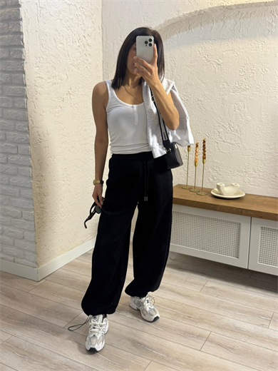 Paça Ayarlanabilir Baggy Üç İplik Şardonlu Eşofman Altı Siyah