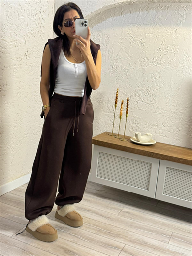 Paça Ayarlanabilir Baggy Üç İplik Şardonlu Eşofman Altı Kahve