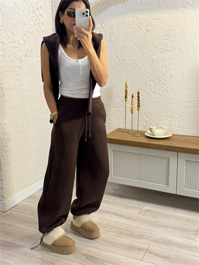 Paça Ayarlanabilir Baggy Üç İplik Şardonlu Eşofman Altı Kahve