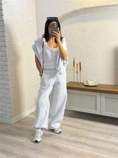 Paça Ayarlanabilir Baggy Üç İplik Şardonlu Eşofman Altı Gri