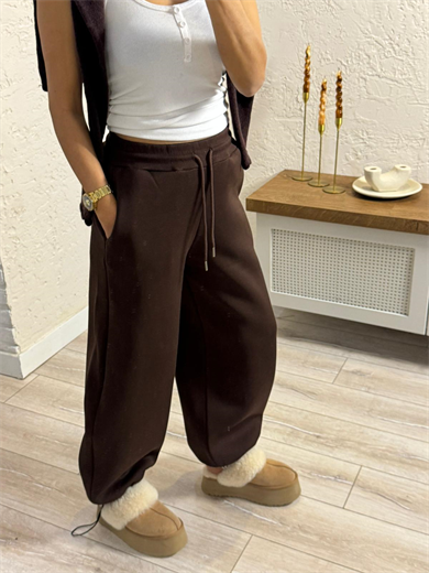 Paça Ayarlanabilir Baggy Üç İplik Şardonlu Eşofman Altı Kahve