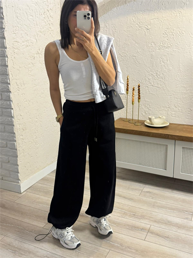 Paça Ayarlanabilir Baggy Üç İplik Şardonlu Eşofman Altı Siyah
