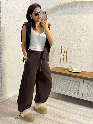 Paça Ayarlanabilir Baggy Üç İplik Şardonlu Eşofman Altı Kahve