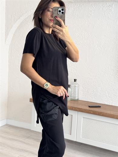 Pamuku Bisiklet Yaka Yanı Yırtmaçlı Tshirt  Siyah