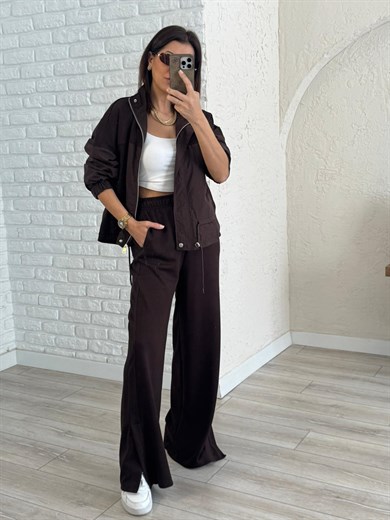 Paraşüt Kumaş Detaylı Lüx Kalite Üst Mont Astarlı Paça Yırtmaçlı Takım Kahve