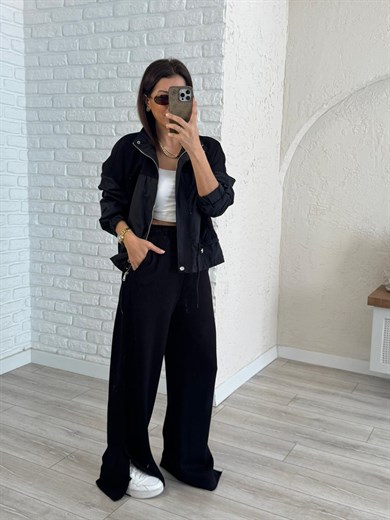 Paraşüt Kumaş Detaylı Lüx Kalite Üst Mont Astarlı Paça Yırtmaçlı Takım Siyah