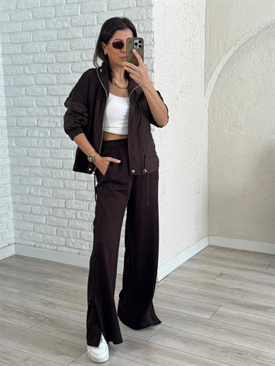 Paraşüt Kumaş Detaylı Lüx Kalite Üst Mont Astarlı Paça Yırtmaçlı Takım Kahve