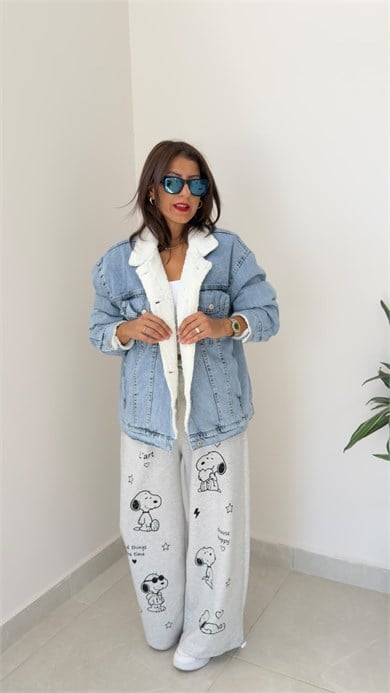 Peluşlu Boyfriend Kot Ceket Açık Kar Yıkama