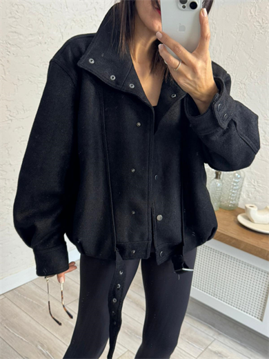 Pile Detaylı Bomber Ceket Siyah