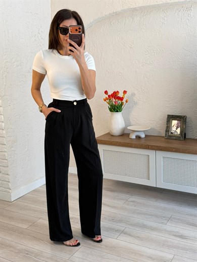 Pileli Palozzo Pantolon Siyah 