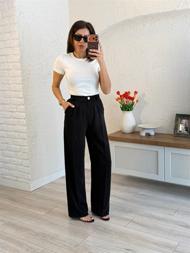 Pileli Palozzo Pantolon Siyah 