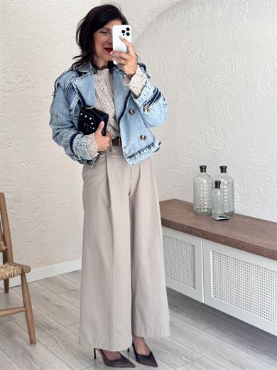 Pilili Geniş Paça Pantolon Bej