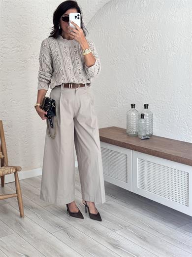 Pilili Geniş Paça Pantolon Bej