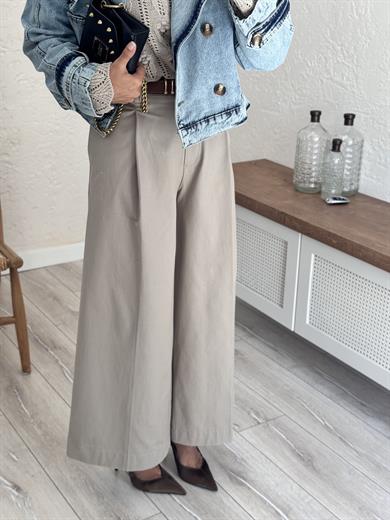 Pilili Geniş Paça Pantolon Bej