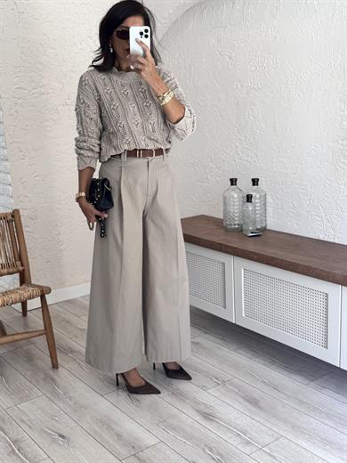 Pilili Geniş Paça Pantolon Bej