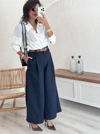 Pilili Geniş Paça Pantolon Lacivert