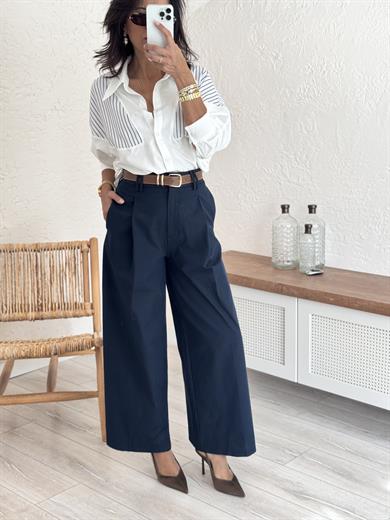 Pilili Geniş Paça Pantolon Lacivert