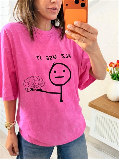 Plz Use It Baskılı Oversıze Tişört Eskitme Pembe