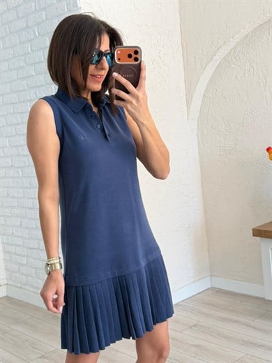 Polo Yaka Kolsuz Pliseli Elbise Lacivert
