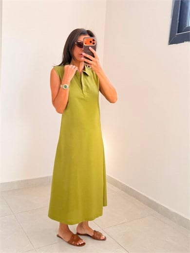 Polo Yaka Tensel Elbise Yeşil