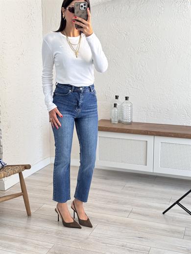 Premium Kalite Paçası Kesik Toparlayıcı Boyfit Jean Vintage