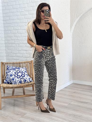 Premium Kalite Soluk Efekt Pamuklu Leopar Boyfit Jean