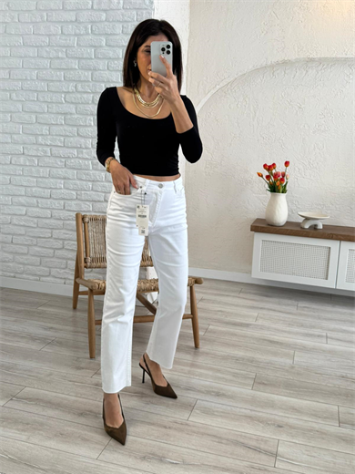 Premium Kalite Yüksek Bel Boyfit Jean Beyaz