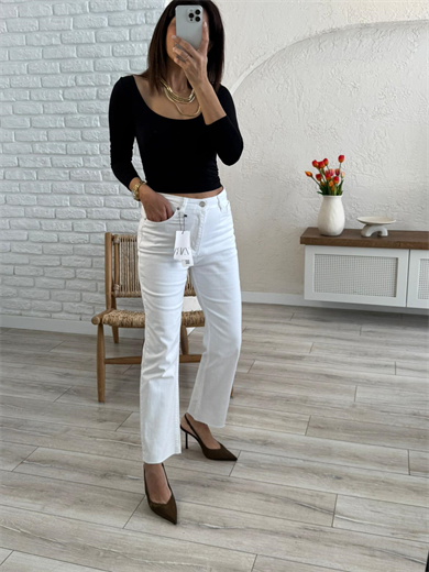Premium Kalite Yüksek Bel Boyfit Jean Beyaz